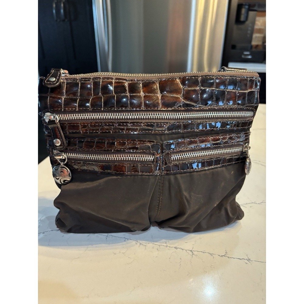 Brighton Nylon Patent Leather Croc Embossed Crossbody Purse Brown